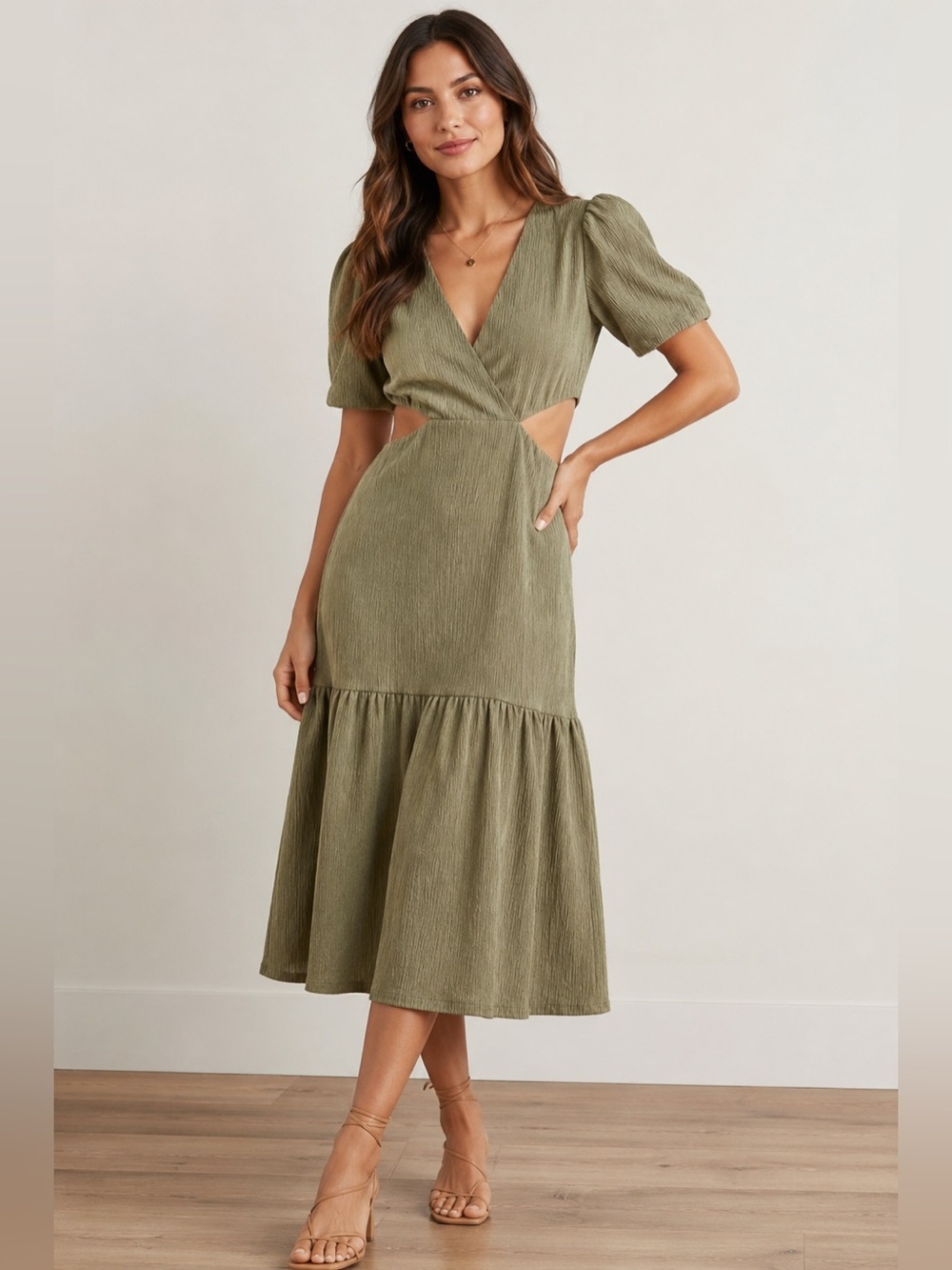 MINKPINK Olive Green Textured Cutout Puff Sleeve Midi Dress Womens M NWOT